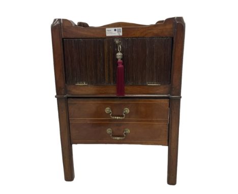 George III mahogany converted night commode, shaped tray top with pierced handles, fitted with fall-front cupboard disguised 