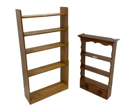 18th century pine wall hanging shelf, fitted with two drawers (W53cm, H86cm, D16cm); and a pine five-tier waterfall bookcase 