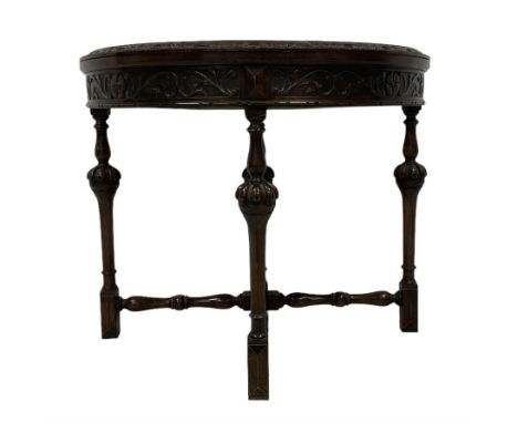 19th century Carolean Revival oak demi-lune card table, fold-over circular top with baize lined interior and draw action rear