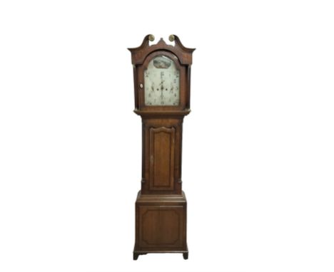 English - early 19th century 8-day oak longcase clock c1820, with a swans neck pediment and brass patera, broken arch door be