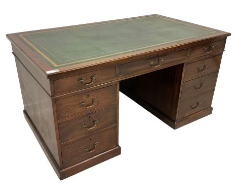 19th century mahogany twin pedestal desk, moulded rectangular top with green leather inset top, fitted with nine drawers, on 