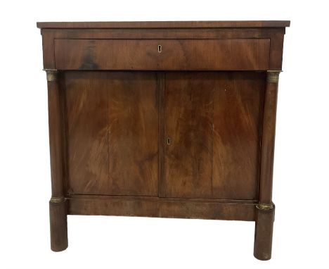 French 19th century mahogany buffet, the retractable raised back with two shelves and dividing stays, rectangular top with tw