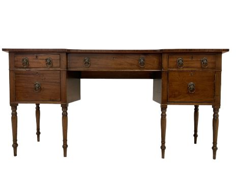 George III mahogany sideboard,  reverse break-front crossbanded top, central false drawer flanked by two drawers and two cupb