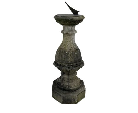 Weathered cast stone three-piece garden sundial, moulded top with stylised egg and dart decoration, bulbous central column ov