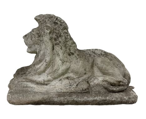 Cast stone garden figure of a recumbent lion on a rectangular plinth Dimensions: Height:&nbsp;46cm&nbsp; Length/Width:&nbsp;7