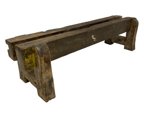 Rustic pine and metal bound benchDimensions: Height:&nbsp;40cm&nbsp; Length/Width:&nbsp;150cm&nbsp; Depth/Diameter:&nbsp;42cm