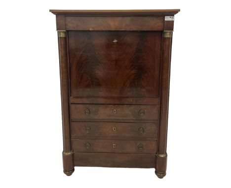 Early 19th century French Empire mahogany Secrétaire à Abattant, fitted with frieze drawer over a figured fall-front, enclosi