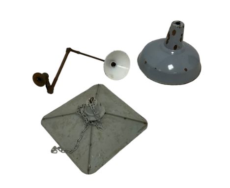 Grey enamel industrial pendant light fitting D46cm, square 00section industrial light fitting, and a machinist wall mounted l