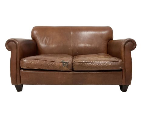 Laura Ashley - 'Exmoor' two seat sofa, traditional shape with rolled arms, upholstered in tan leather, on square tapering fee