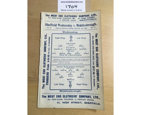 1904/05 Sheffield Wednesday v Middlesbrough Football Programme: Dated 31 12 1904 in excellent condition with no team changes.