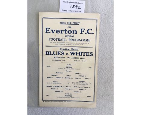 38/39 Everton Practice Match Football Programme: Dated 17 8 1938 in  good condition with no team changes. Blues v Whites is a