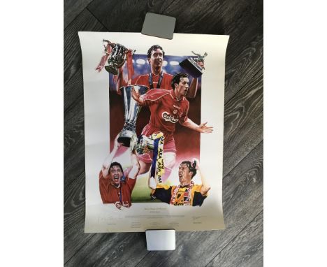 Robbie Fowler Liverpool Signed Football Print: Large ltd edition print named Three Steps To Heaven featuring Robbie posing wi