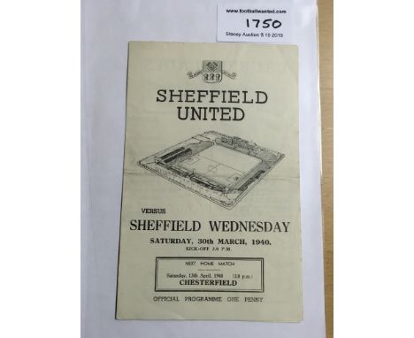 39/40 Sheffield United v Sheffield Wednesday Football Programme: Dated 30 3 1940 in very good condition with no team changes.