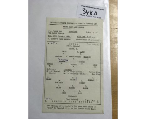 63/64 Tottenham Youth v QPR Football Programme: Dated 29 1 1964 in good condition with score and scorers noted. Folded typed 
