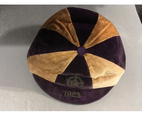 Ted Hufton West Ham + England International Football Cap: Purple and cream cap with 1923 to peak. Issued to goalkeeper Ted Hu