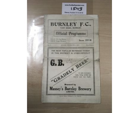 37/38 Burnley v Chesterfield Football Programme: Dated 23 10 1937 in fair/good condition with no team changes. A few pieces o