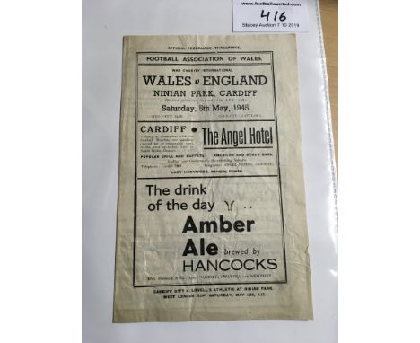 1945 Wales v England Football Programme + Ticket: Played at Ninian Park on 5 5 1945 in good condition with no team changes. 4