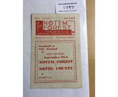 44/45 Nottingham Forest v Sheffield United Football Programme: Dated 16 9 1944 in good condition with no team changes. Light 