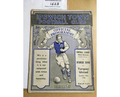 38/39 Ipswich Town v Torquay United Football Programme: Dated 29 10 1938 in good condition with no team changes. Lightest fol