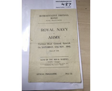 45/46 Royal Navy v Army At Ipswich Football Programme: Dated 17;11 1945. Good condition 4 pager with fold and team changes in