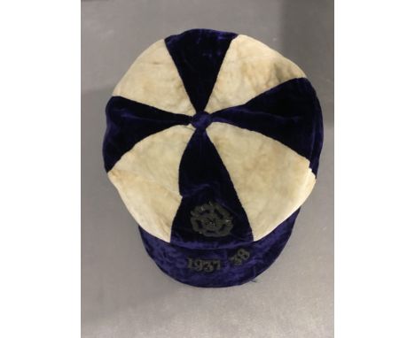 John Morton West Ham + England International Football Cap: Purple and white cap with 1937/38 to peak. Issued to John Morton f