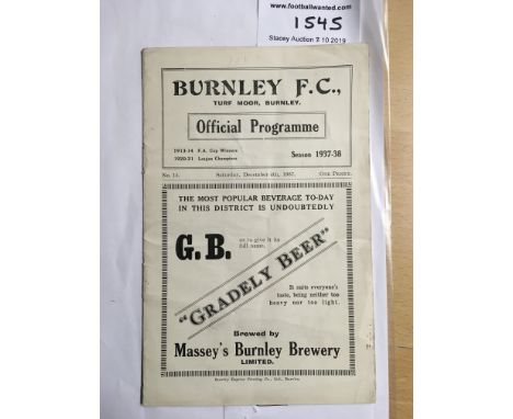 37/38 Burnley v Bradford Park Avenue Football Programme: Dated 4 12 1937 in very good condition with no team changes.