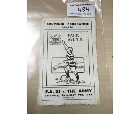 44/45 FA X1 v Army At Bradford Park Avenue Football Programme: Dated 9 12 1944. Poor/fair condition 4 pager due to edges havi