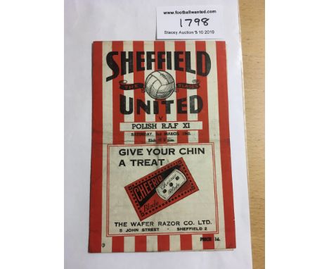 44/45 Sheffield United v Polish RAF Football Programme: Dated 3 3 1945 in good condition with team changes. Light fold.