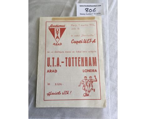 71/72 UTA Arad v Tottenham Football Programme: Red original version with ex tape Mark. Good condition UEFA Cup programme.