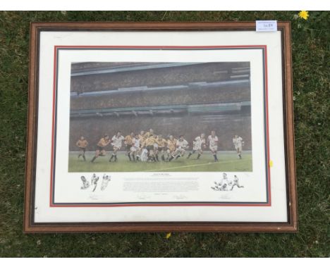 1995 England Signed Rugby Print: Named Fight to the Finish depicting England on the attack v South Africa in the famous quart