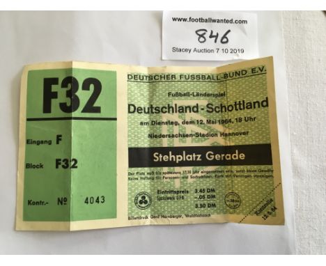 1964 Germany v Scotland Football Ticket: Very good unused ticket with counterfoil still attached. Folding.