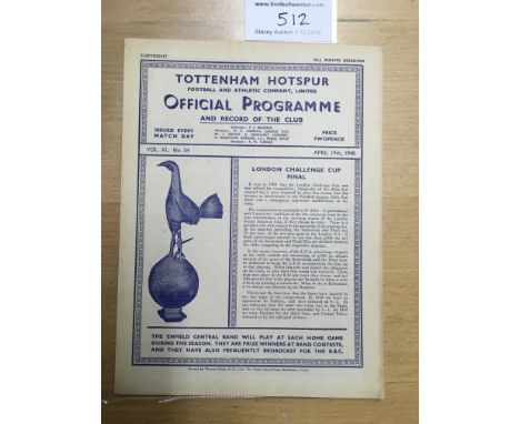 47/48 Tottenham V Fulham LCC Final Football Programme: Very good condition 4 pager in the London Challenge Cup Final with tea