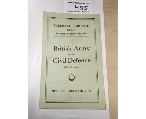 43/44 British Army v Civil Defence At Derby County Football Programme: Dated 5 2 1944. Good condition 4 pager featuring Compt