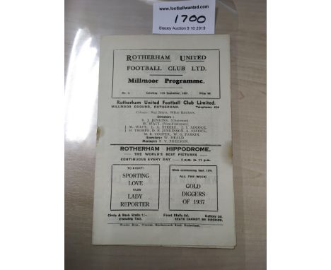 37/38 Rotherham United v Bradford City Programme: Dated 11 9 1937 in very good condition with no team changes. Rusty staple h