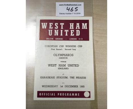 65/66 Olympiakos v West Ham Rare Away Travel Football Programme: Printed by Helliars and given to West Ham fans travelling ab