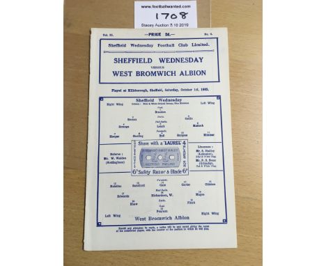 1932/33 Sheffield Wednesday v West Brom Football Programme: Dated 1 10 1932 in excellent condition with no team changes. Ex b