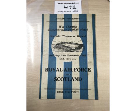 44/45 Royal Air Force v Scotland At Sheffield Wednesday Football Programme: Dated 25 11 1944. Good condition 4 pager with no 