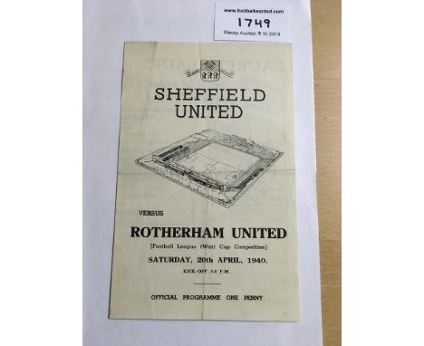 39/40 Sheffield United v Rotherham Football Programme: Dated 20 4 1940  in good condition with no team changes. Folding on th