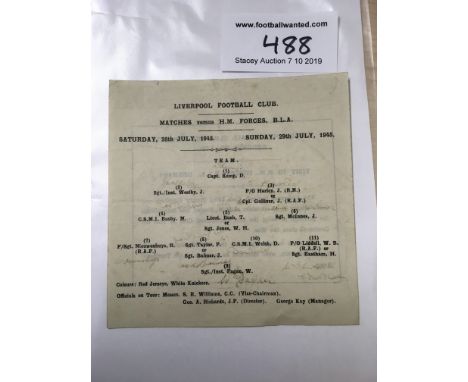 Rare 1945 Liverpool v Forces In Germany Football Programme: Small square Programme dated 28 7 1945. Good condition single she