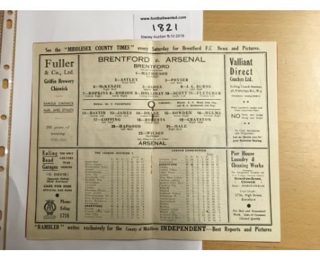 35/36 Brentford v Arsenal Football Programme: Dated 2 11 1935 in very good condition with no team changes.