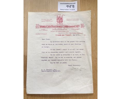 1933 Stoke City Letter Signed By Football Manager: Tom Mather signed letter on Stoke City headed paper regarding the death of