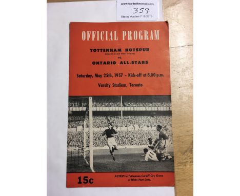 1957 Ontario All Stars v Tottenham Canada Tour Football Programme: Dated 25 5 1957 Played in Toronto. No writing. Light fold.