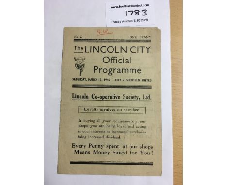 44/45 Lincoln City v Sheffield United Football Programme: Dated 10 3 1945 in good condition with no team changes. Light fold 