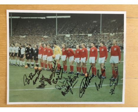 England 1966 Signed World Cup Photo: England team lining up next to West Germany on the half way line 10 x 8 colour photo. Ha