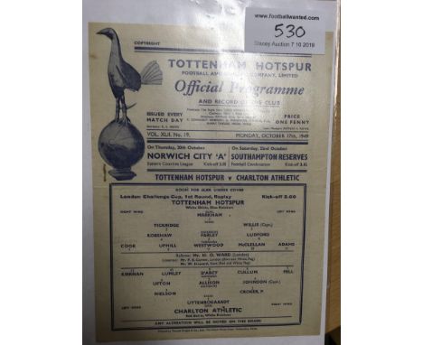 49/50 Tottenham V Charlton LCC Football Programme: Very good condition London Challenge Cup match. Single sheet has no writin