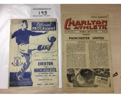 Manchester United 46/47 Away Football Programmes: League matches v Everton and Charlton in good condition with no writing. Li