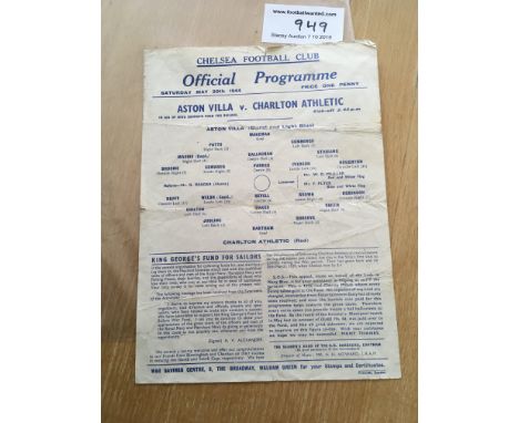 1944 North v South Cup Final Football Programme: Played at Chelsea on 20 5 1944 this single sheet has a bit of wear to folds.