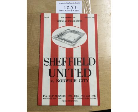 38/39 Sheffield United v Norwich City Football Programme: Dated 17 9 1938 in very good condition with no team changes.