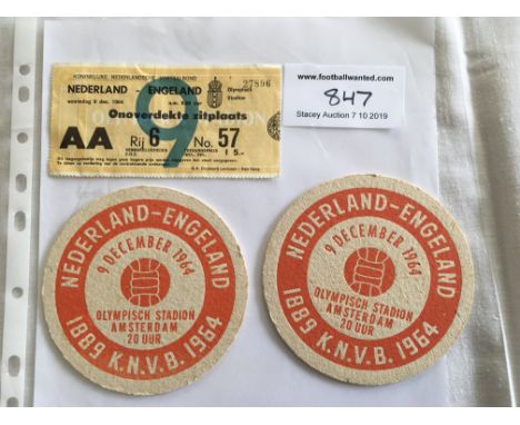 1964 Holland v England Football Ticket + Memorabilia: Ticket is good and comes with two beer mats with match details on them.