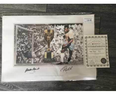 Pele + Banks Signed Football Print: Lovely print measuring about 24 x 16 inches hand signed by both. Certificate of authentic